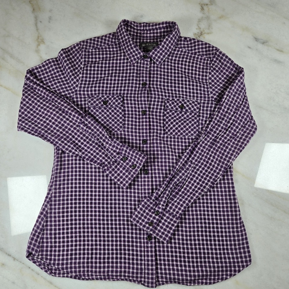 Eddie Bauer Women's Purple & White Gingham Flannel Shirt Large Cabincore Preppy